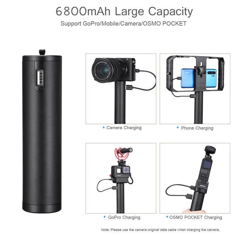 Black aluminium alloy portable power bank with a carry handle showing size of 12.5cm