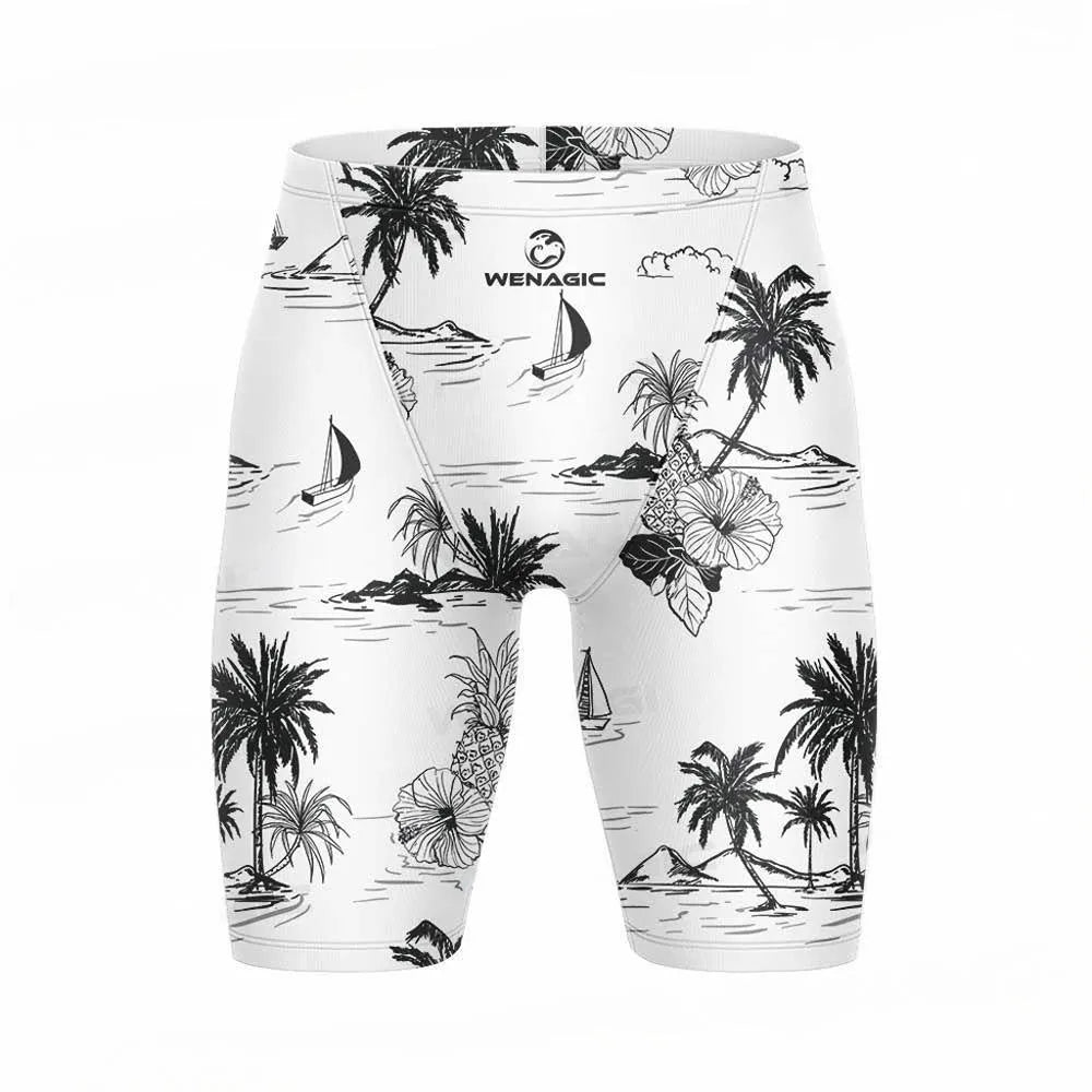 Men's Lycra swimming briefs in a pattern colour, showing the briefs style fit.
