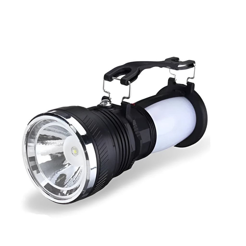 Black solar charging LED emergency flashlight body with 800mAh battery capacity and USB port for outdoor camping and hiking use