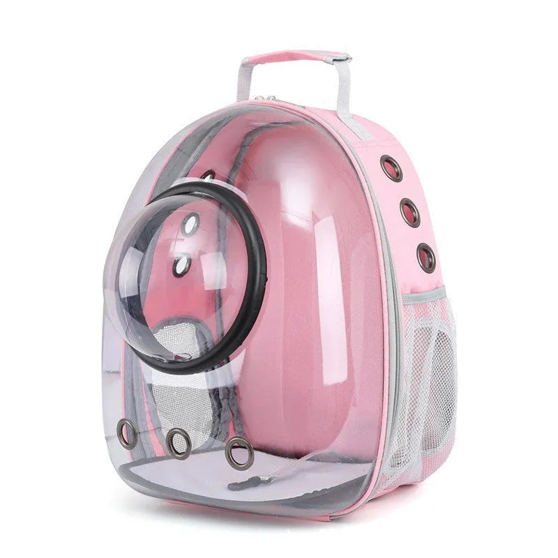 Grey PC astronaut-style pet carrier backpack with side-opening door for a cat.