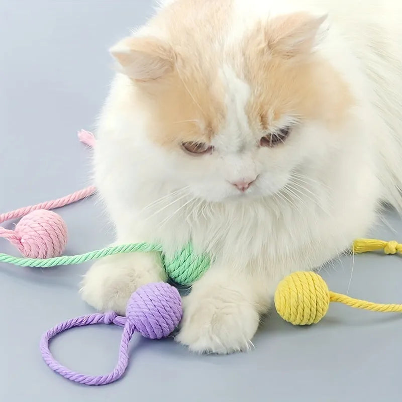 Colourful cat toy ball with rope and built-in bell in two size options