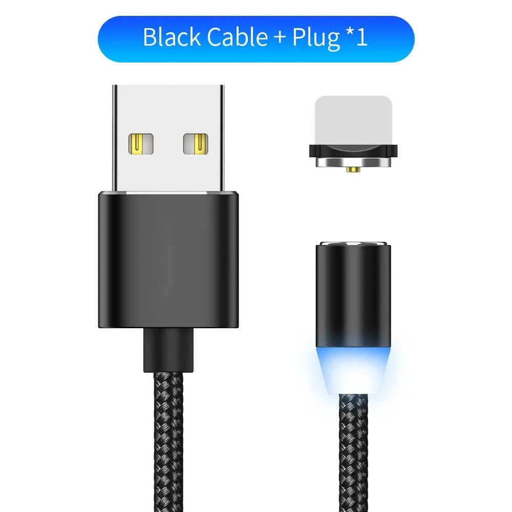 Black magnetic charging cable with LED light and aluminium connectors showing magnetic tip attachment