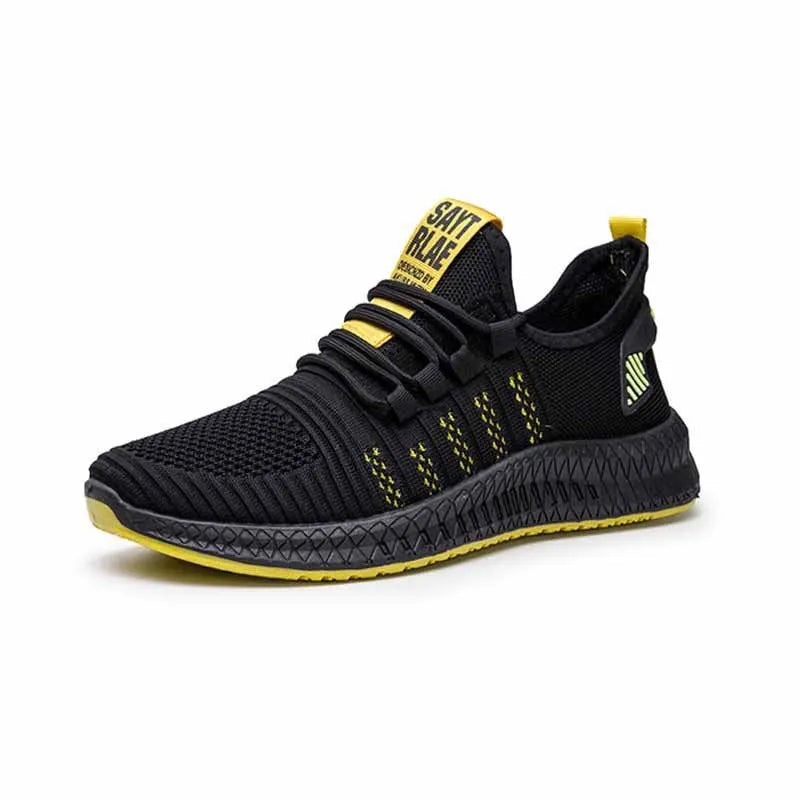 Men's black casual sports shoes with white stripes and a cross-strap detail over a Flying Weave upper.