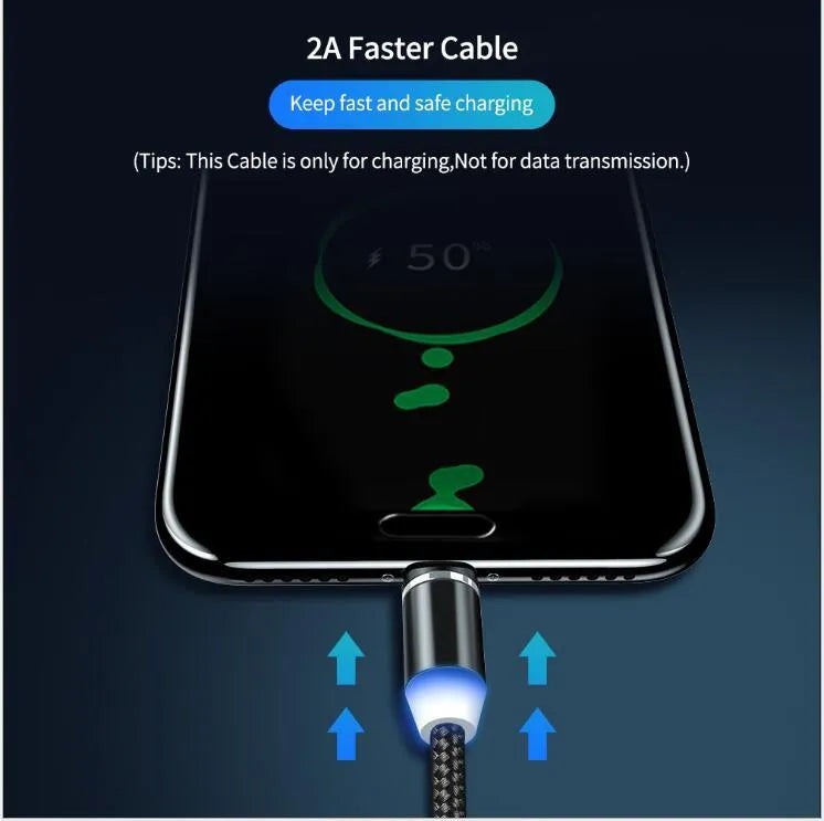 Black magnetic charging cable with LED light and aluminium connectors showing magnetic tip attachment