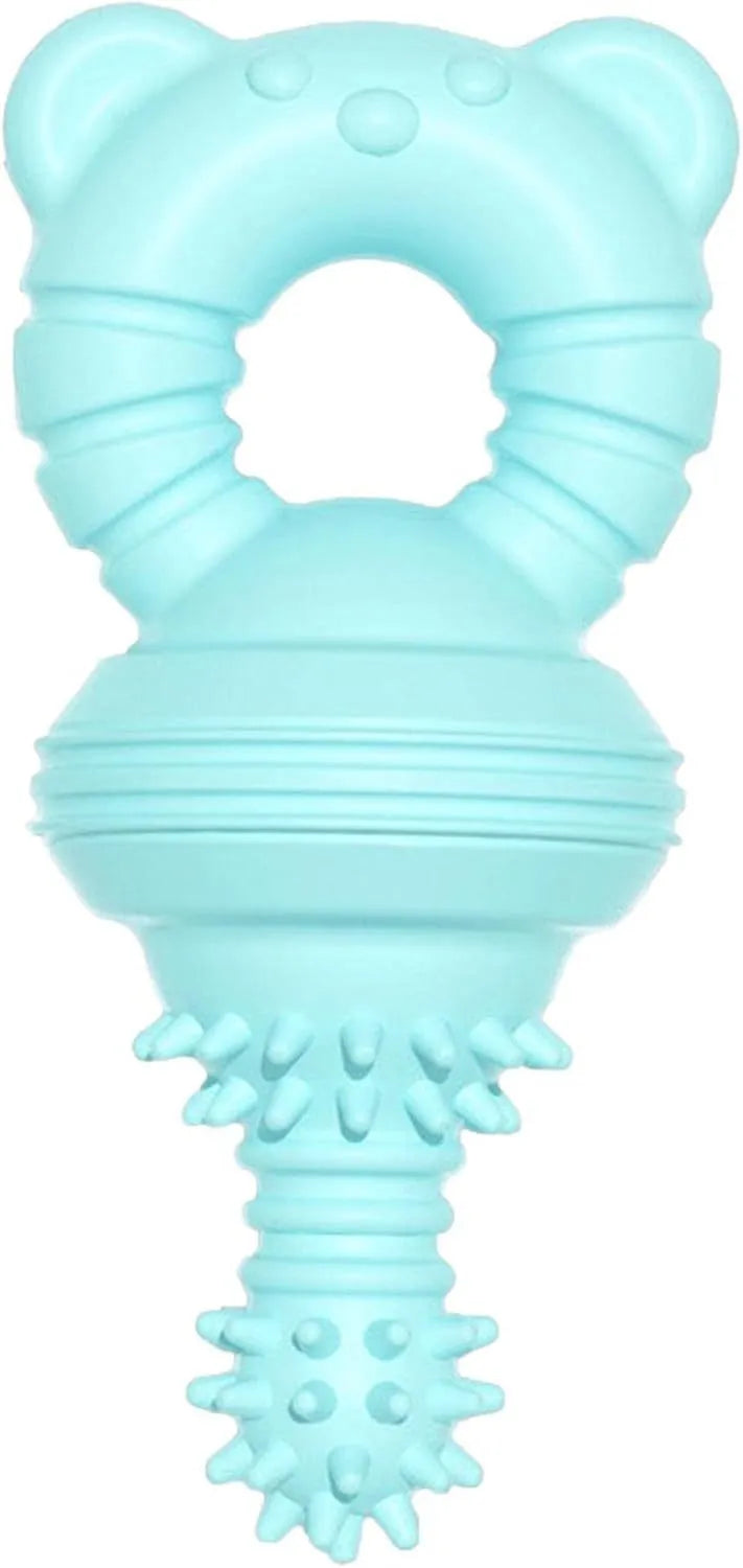 Blue rubber dog chew toy with textured surface and internal bell, shown next to a tape measure indicating 13.5 cm length.