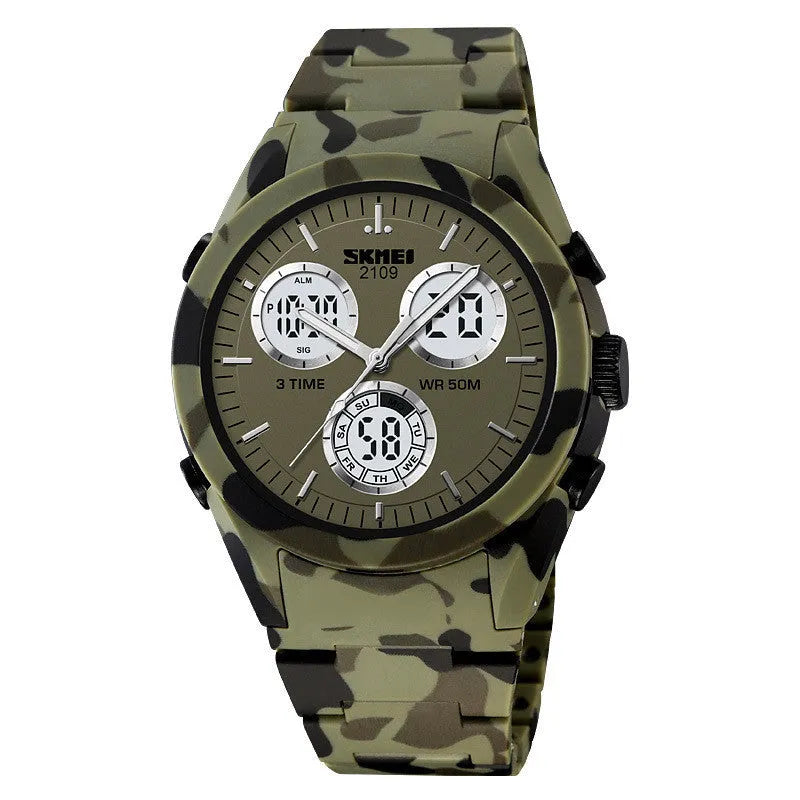 Casual electronic watch with digital display on a TPU strap, shown in camouflage colour option