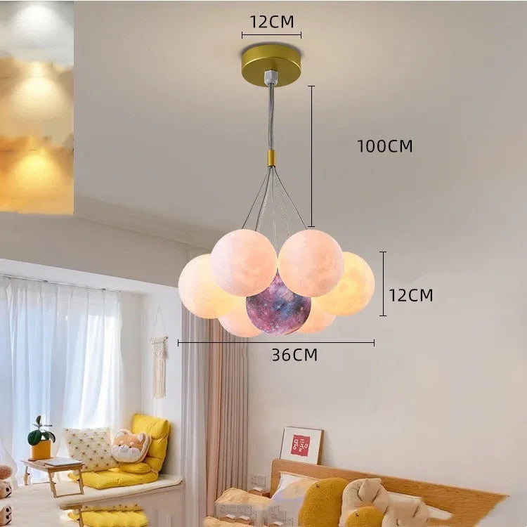 Nordic moon bubble LED chandelier with iron frame and PMMA lampshade in gold or black finish