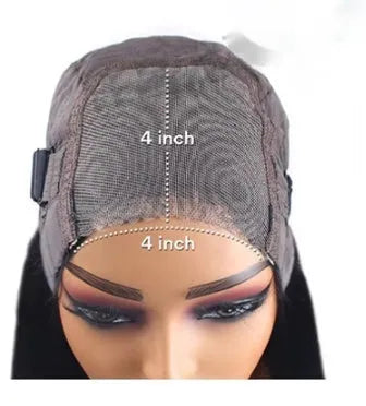 Glueless human hair straight wig with side bangs shown in long length.