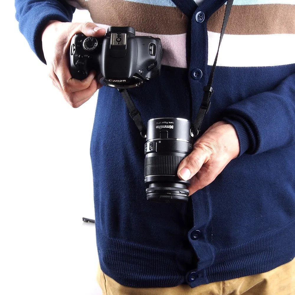 Aluminium camera lens flipper with cotton shoulder strap for quick lens exchange