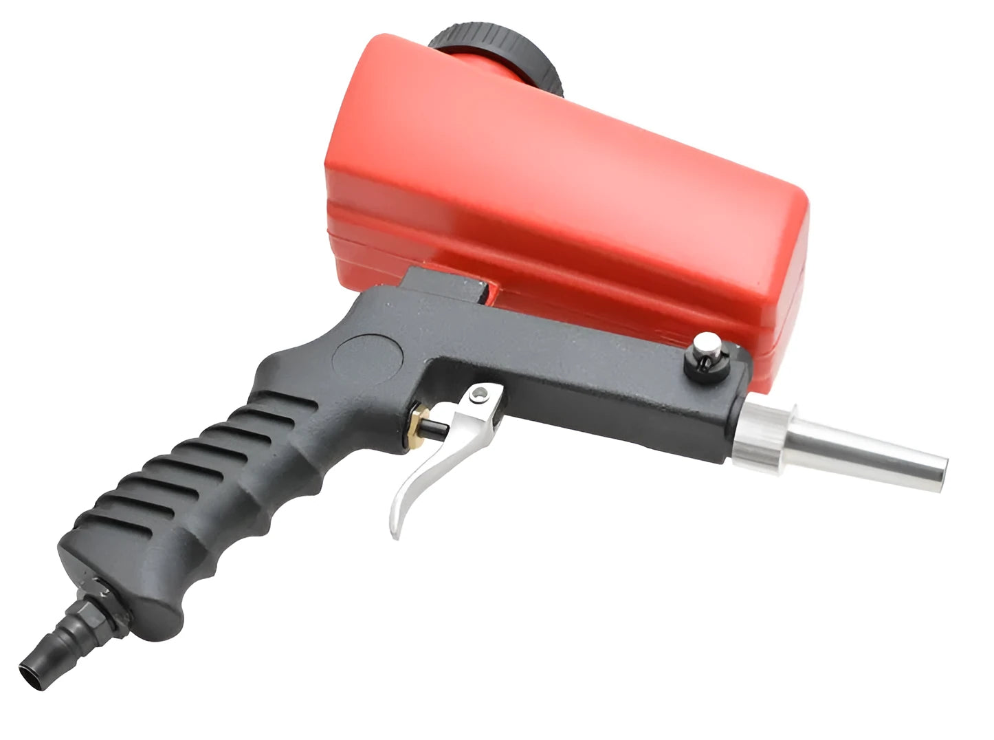 Portable black or blue pneumatic sandblasting gun with upper pot tank for on-site surface preparation.