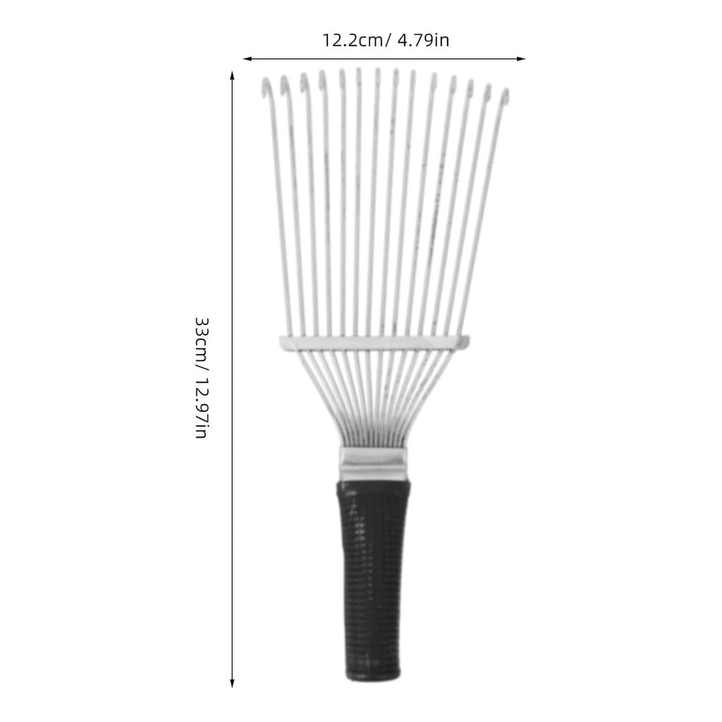 Stainless steel pet grooming rake comb for horses and dogs, 33 cm long with curved teeth.