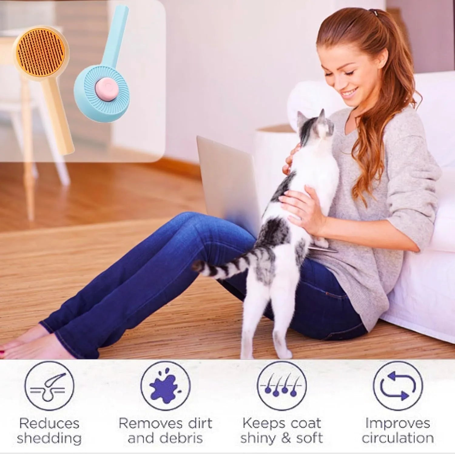 Blue self-cleaning pet grooming brush with angled metal needles and a yellow button.