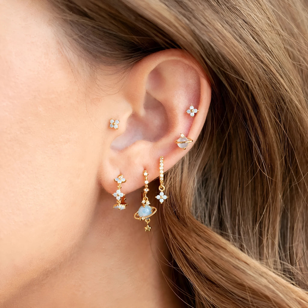 Gold and silver flower nail ear studs with zircon mosaic in Japanese Korean sweet girl style