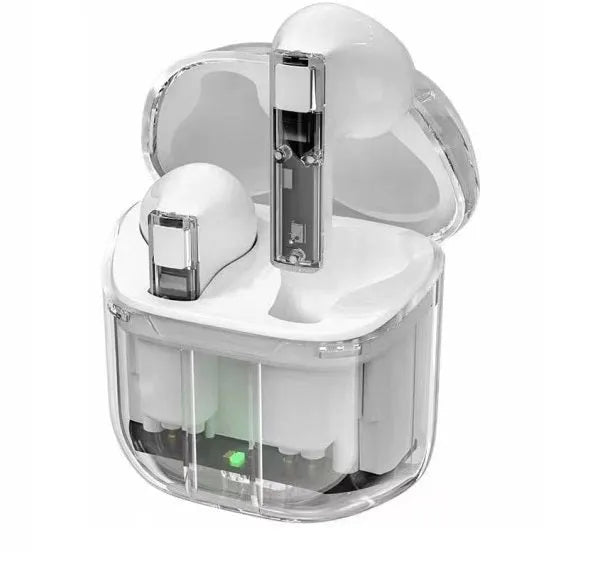 Transparent space capsule shaped case containing true wireless Bluetooth earphones in light blue colour.