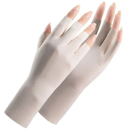 Thin beige women's sunscreen gloves with UPF50+ protection on a hand.
