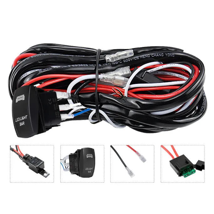 Black off road LED spotlight wiring harness with 2 metre cable and integrated light bar switch