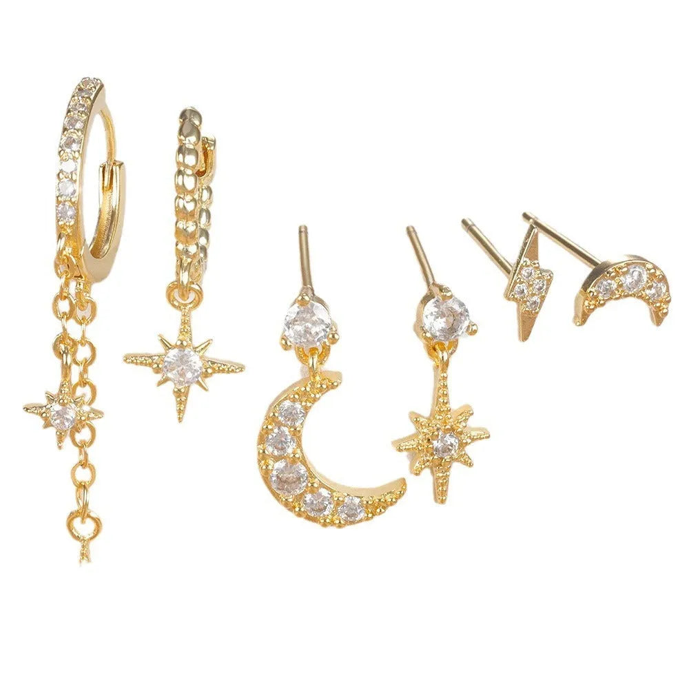 XINGX six-piece gold electroplated chain tassel earrings with zircon stud details for women