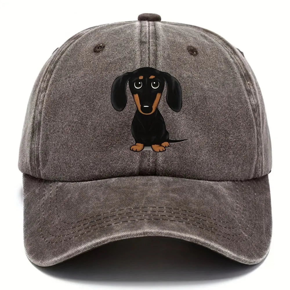 Retro washed cotton baseball cap with embroidered dachshund design on front panel