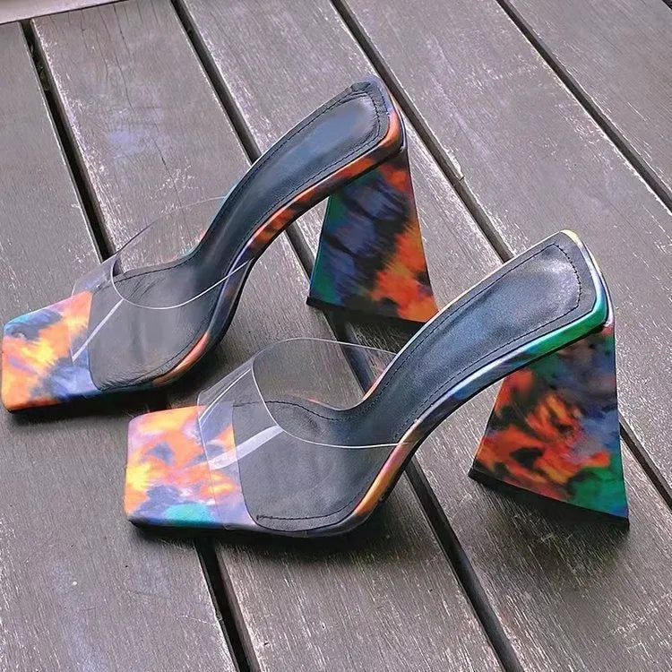 Women's black square toe high heel slippers with thick triangular heel on white background