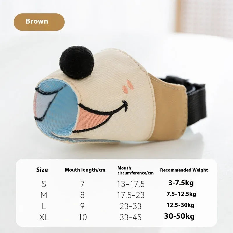 Canvas dog muzzle in Ollie Brown Bear and Bondi Blue Shark colours, shown in S, M, L, and XL sizes.