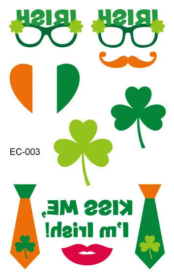 Pack of St Patrick's Day clover temporary tattoo stickers, 120mm by 75mm water transfer design.