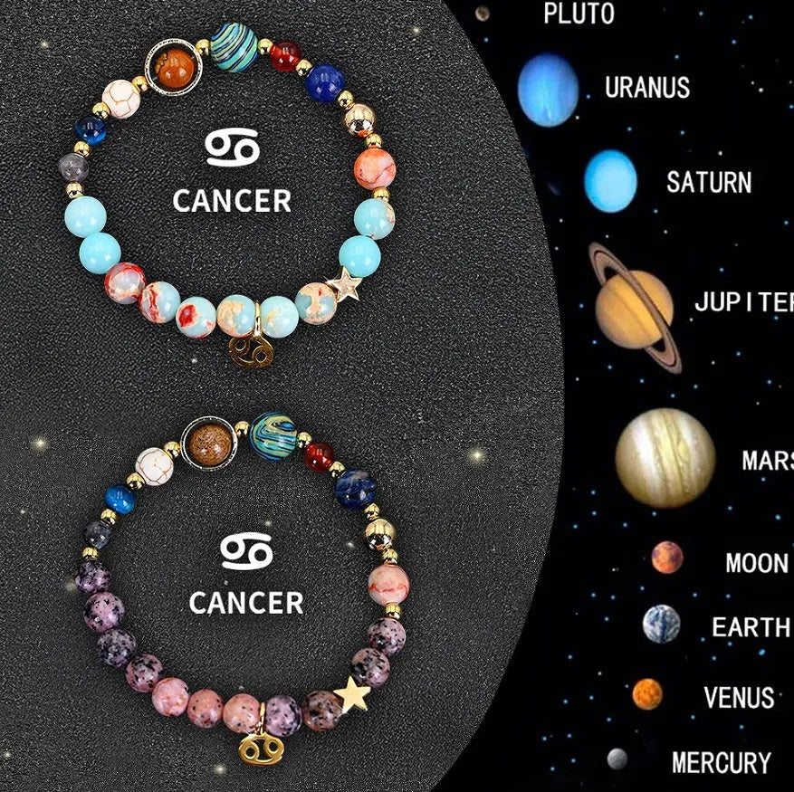 Two natural stone zodiac bracelets showing twelve different astrological styles on a neutral background