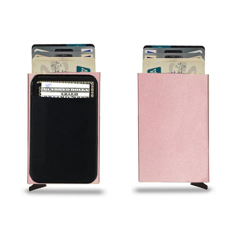 Slim aluminium metal credit card holder wallet with frosted finish shown in multiple colour options.