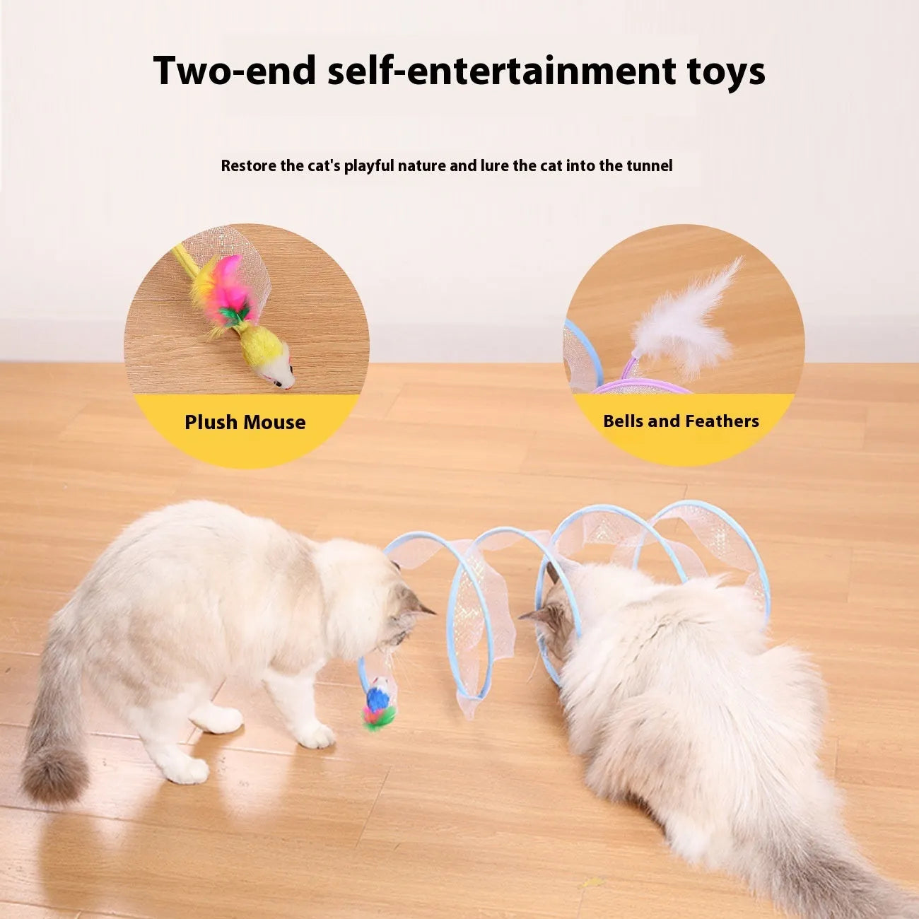 S-shaped foldable cat tunnel toy with feather attachments on elastic netting