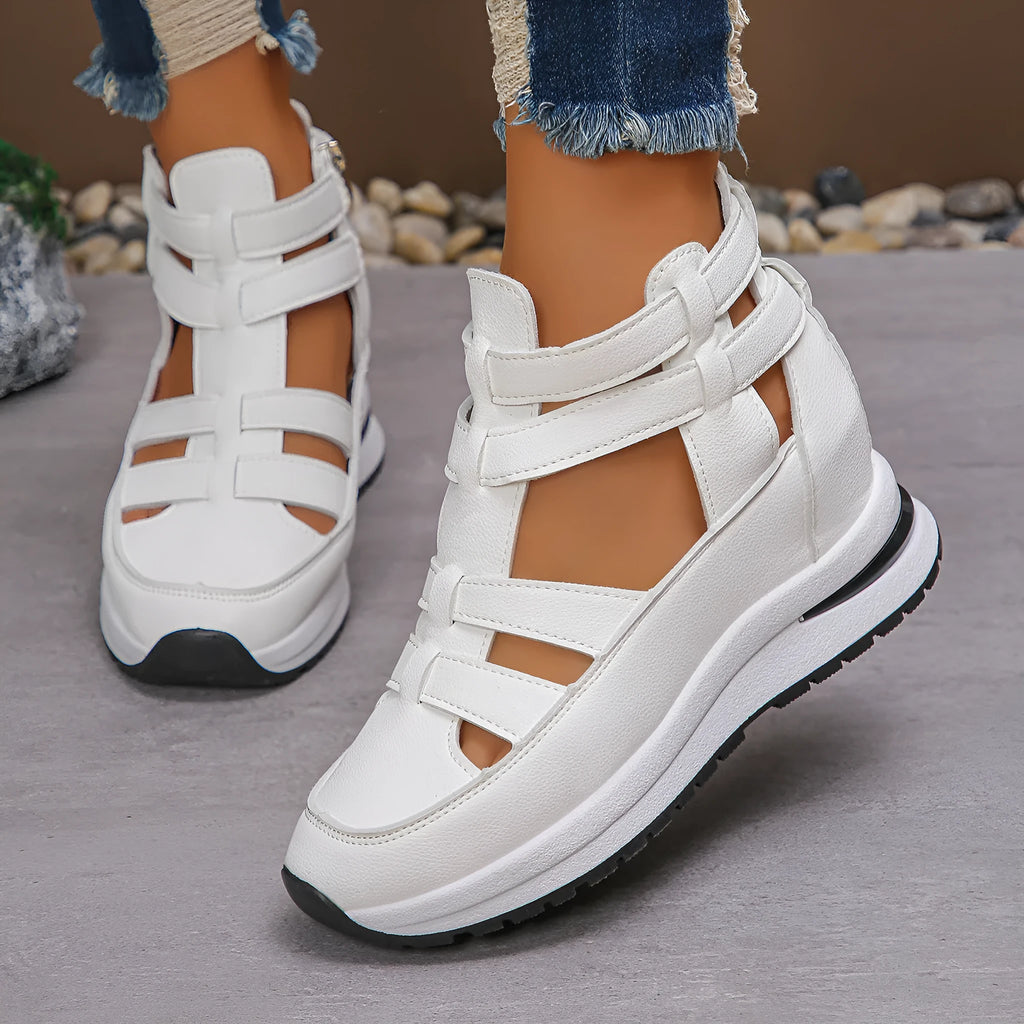 Women's black platform sandals with hollow-out design and velcro strap