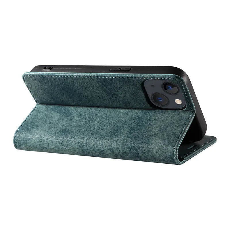 Magnetic flip leather phone case for iPhone shown in grey colour, displaying front cover closed.