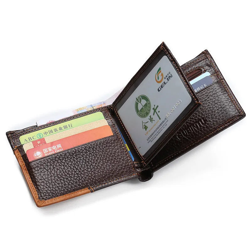 Leather wallet with personality stitching showing internal compartments including card slots, bill holder, and change section