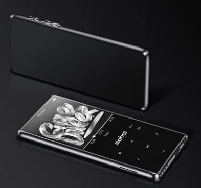 Black portable MP3 player with 2.4 inch touchscreen displaying music playback interface