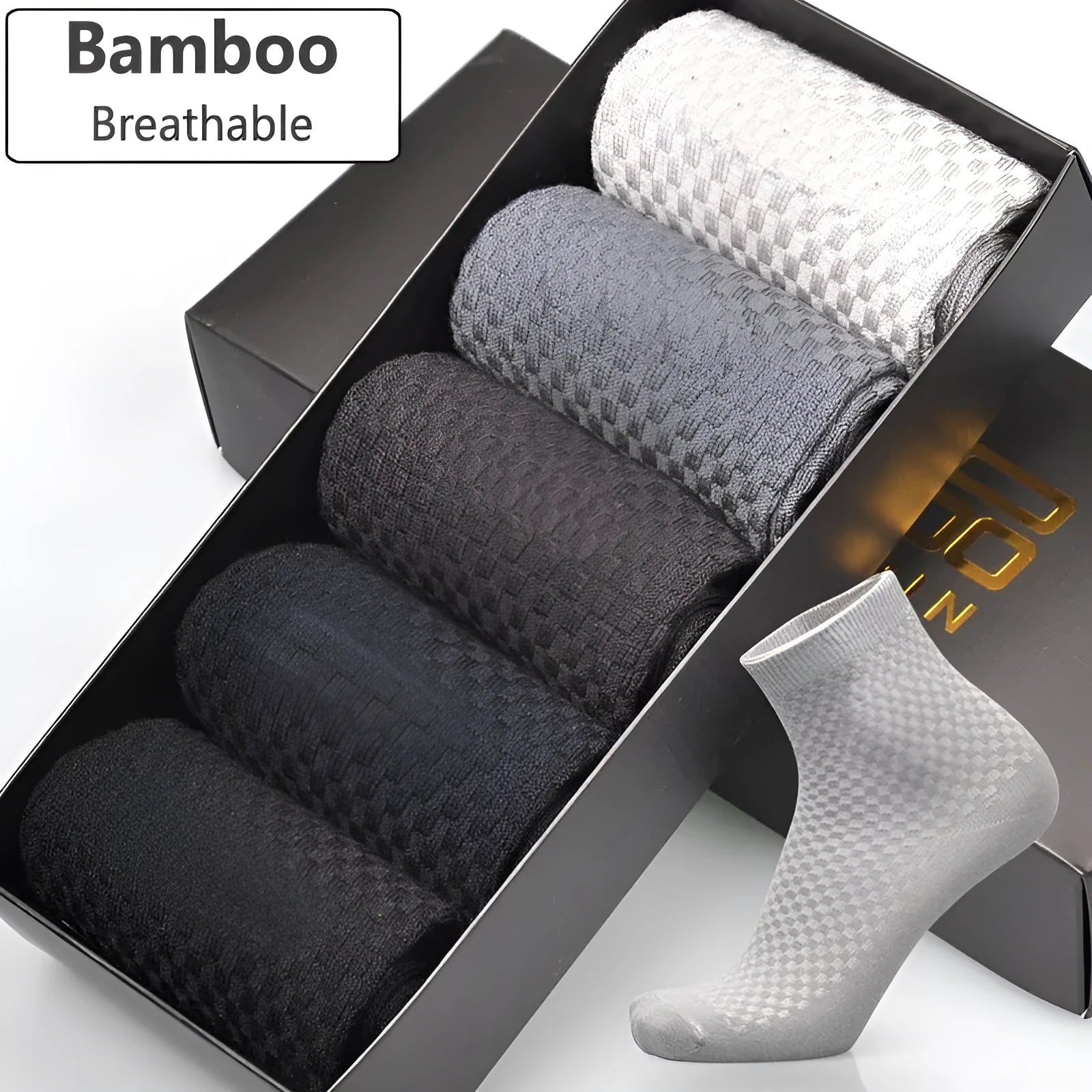 Men's bamboo fibre business socks with small square pattern in five colour options.
