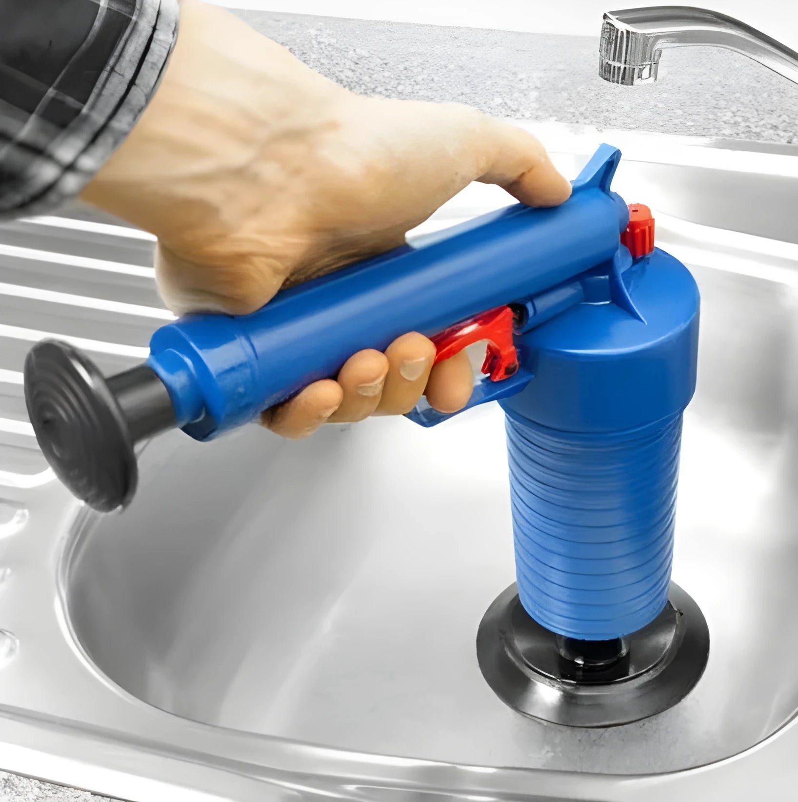 Plastic drain blaster gun with handle and four pipe adaptors for unblocking sinks and toilets