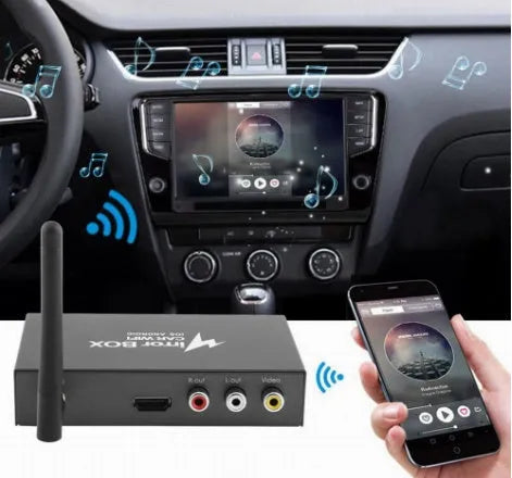 Black Car Mirror Link Box Wi-Fi converter with power cable, AV cable, antenna, and manual