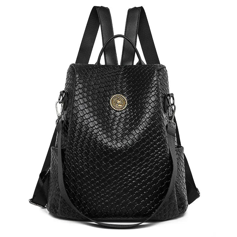 Women's black PU anti-theft backpack with waterproof function and organised internal compartments