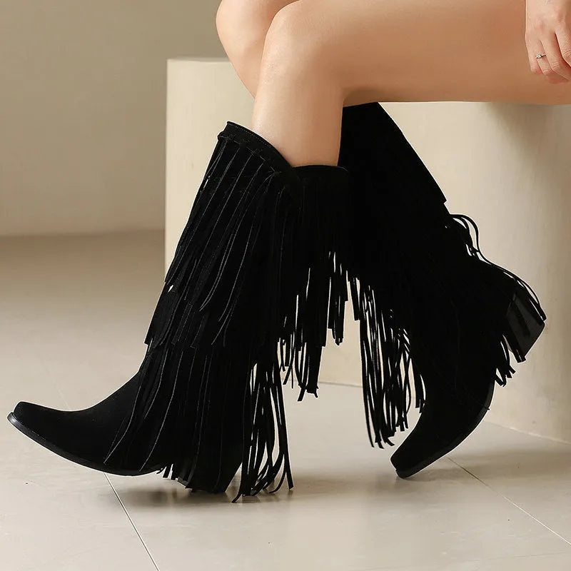 Women's suede mid-calf boots with tassel detail, square toe, and short chunky heel in beige, black, brown, red, and yellow colours.