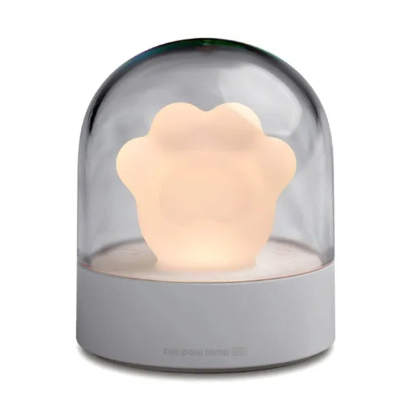 Grey and pink cat paw shaped USB rechargeable night light with adjustable brightness and musical rotation features