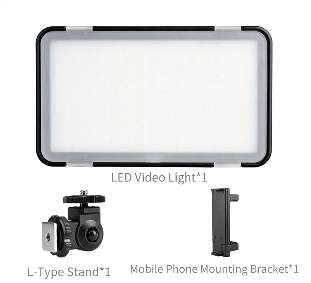Shenniu M150 ultra-thin silver LED video light mounted on a mobile phone with adjustable brightness.