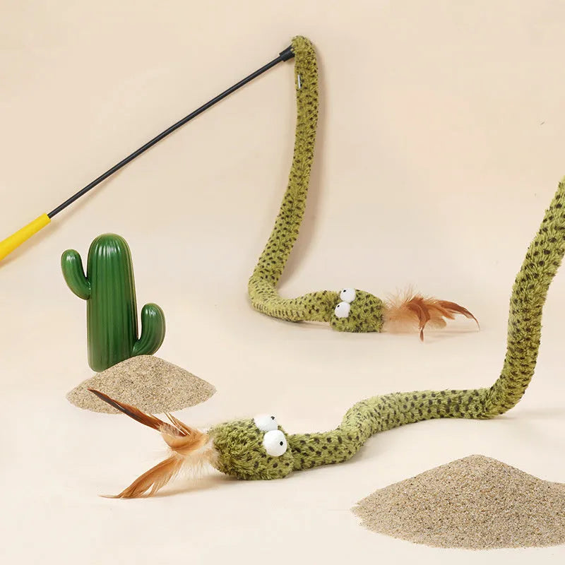 Green snake cat teasing stick toy with feather attachment on 140cm pole