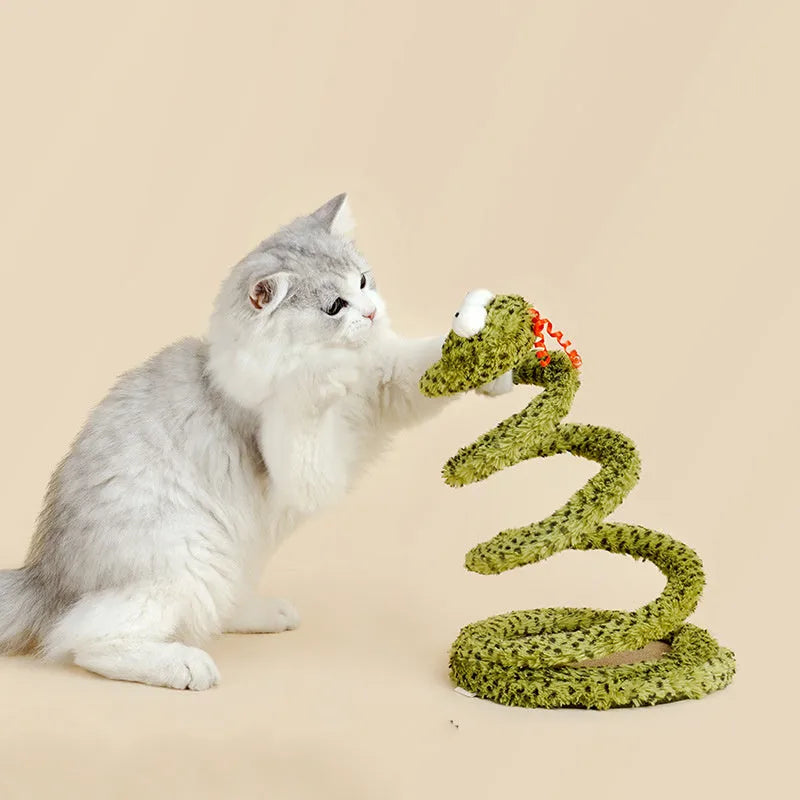 Green snake cat teasing stick toy with feather attachment on 140cm pole
