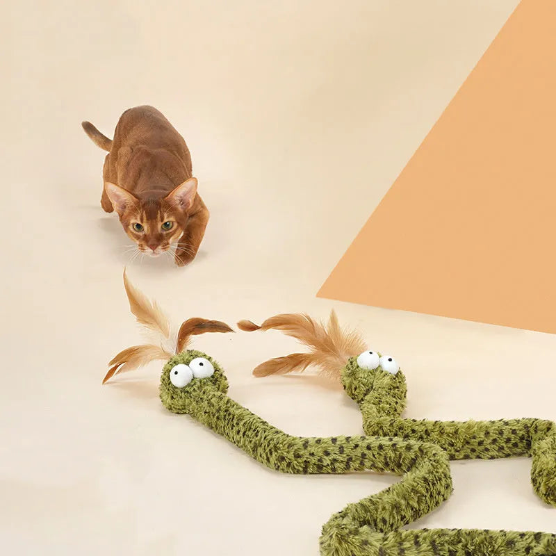 Green snake cat teasing stick toy with feather attachment on 140cm pole