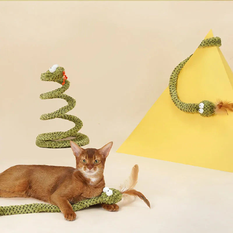 Green snake cat teasing stick toy with feather attachment on 140cm pole