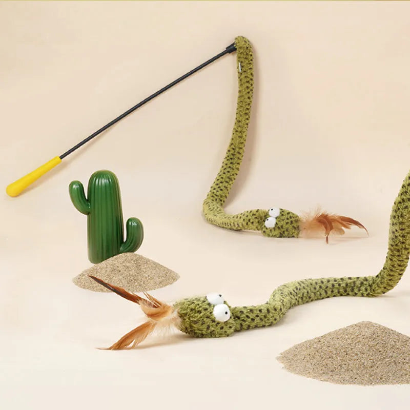 Green snake cat teasing stick toy with feather attachment on 140cm pole