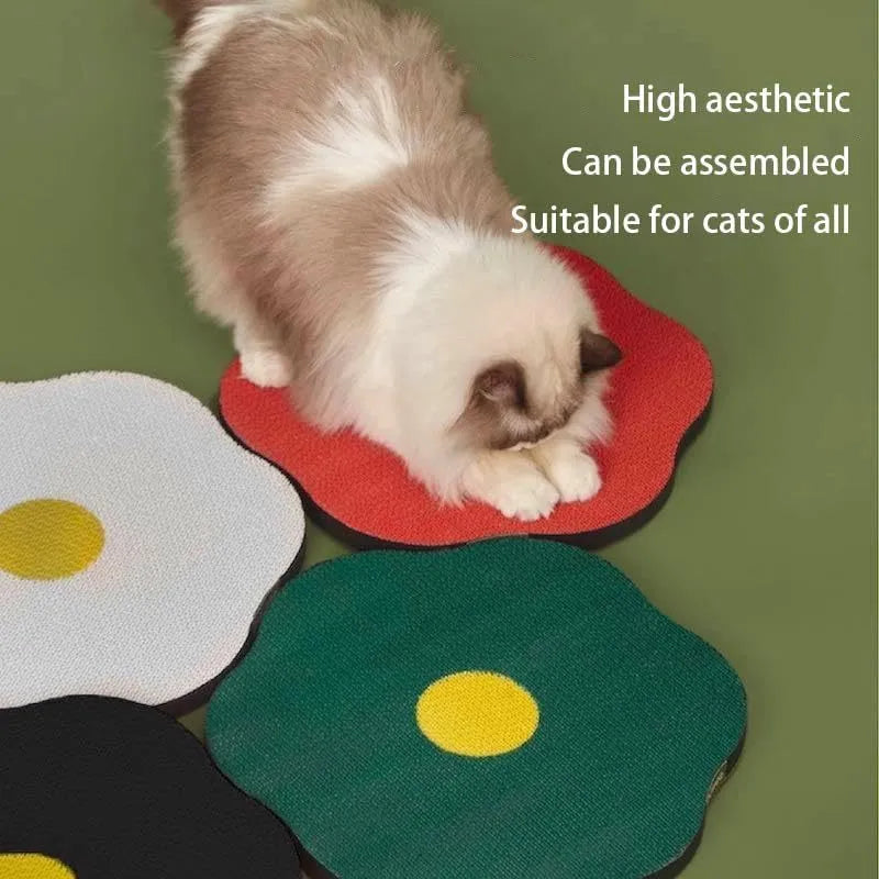 Wall mounted cat scratching board with corrugated cardboard surface in home setting