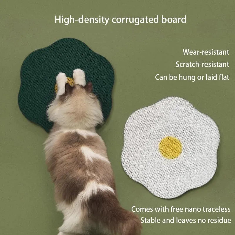 Wall mounted cat scratching board with corrugated cardboard surface in home setting