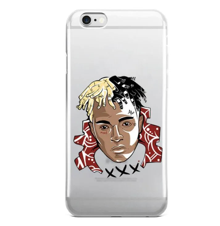 Half-wrapped transparent iPhone case with XXTentacion artwork design showing matte finish texture