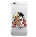 Half-wrapped transparent iPhone case with XXTentacion artwork design showing matte finish texture