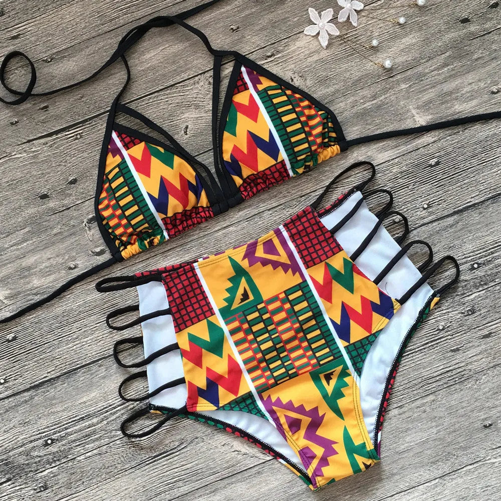 Women's high-waist bikini swimsuit with digital pattern and backless design.