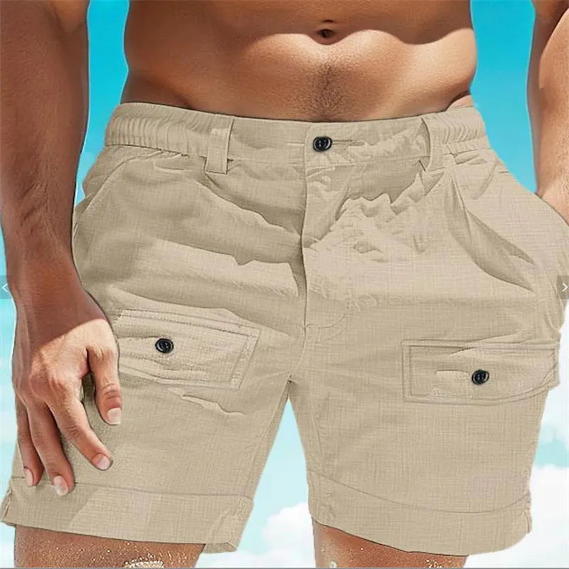 Men's straight cut linen beach shorts with elastic waist and button pockets in white colour
